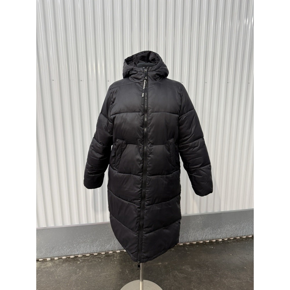 Women's sz S Kangol X H&M Black Long Puffer Coat Parka Insulated Hooded Full-Zip